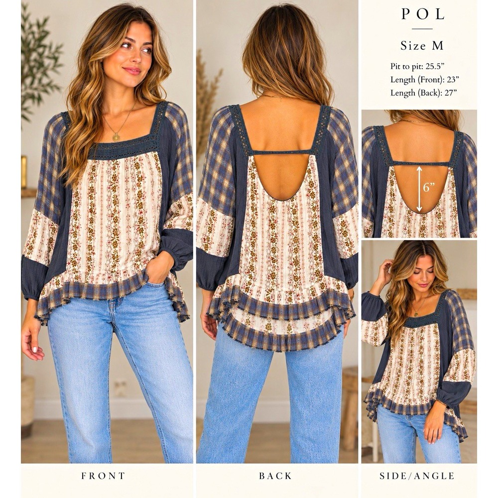 POL Women's M Boho Patchwork Floral Plaid Open Back Ruffle Cottage Hi Low Top